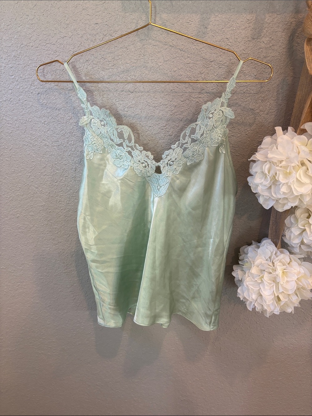 Lace-Trim Satin Chemise in Mint Green
